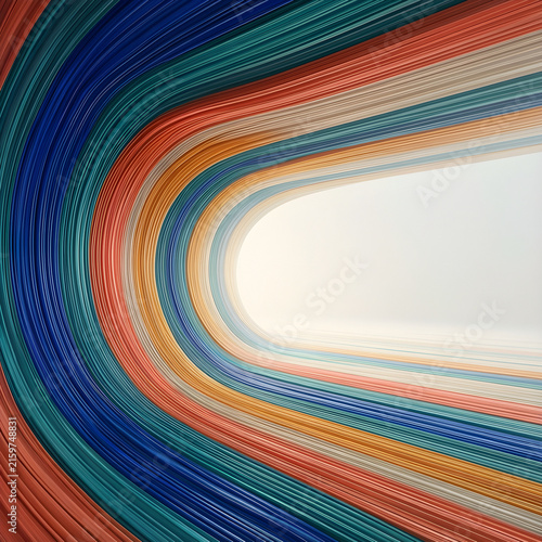 Dense layered color bands opening toward one wide luminous field for modern editorial design, brand campaign and future-facing abstract background