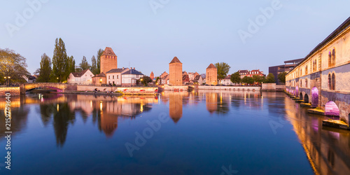 France, Alsace, Strasbourg, La Petite France, L'Ill river and Pont Couverts and Barrage Vauban