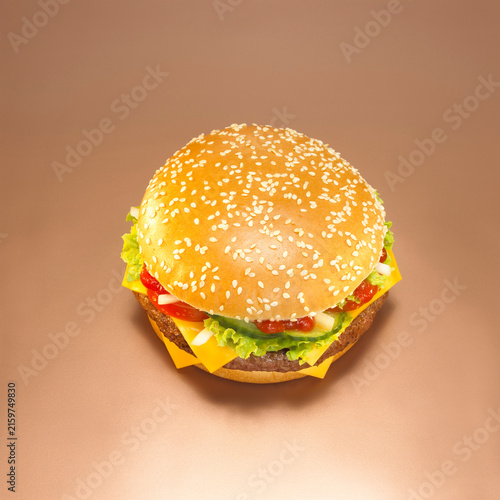 Cheeseburger, close-up, elevated view