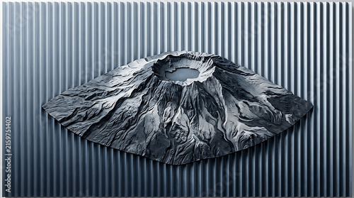 Obraz na plátne Volcano Model: A detailed 3D model of a volcanic crater with rugged terrain, set against a backdrop of ribbed metallic texture, evoking geological power and natural wonder