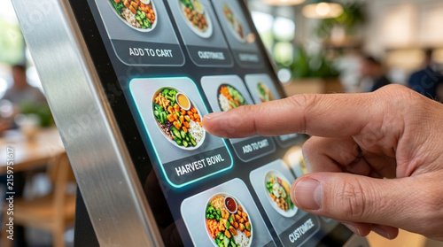 Hand touching touchscreen menu for healthy food ordering at restaurant