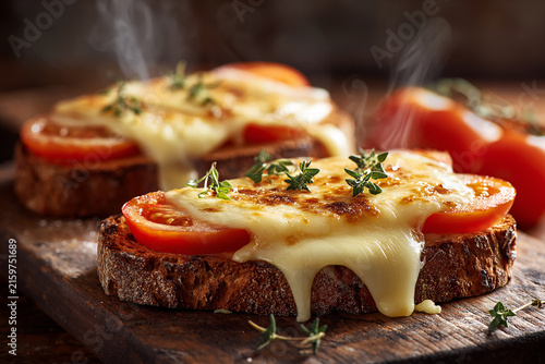 Close up of melted cheese on toast with tomatoes on board generated.AI