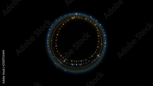 Glowing circular rings rotate with blue and orange particles in this digital motion graphic loop animation
