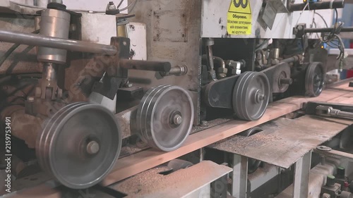 Four-sided woodworking moulder machining a wooden board in an automated production line. Close-up of modern woodworking technology in a furniture factory.