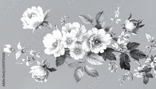 Black and White Watercolor Floral Seamless Pattern on Gray Background