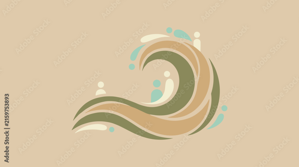 Obraz premium Stylized flat design ocean wave with abstract human figures integrated into the water flow, representing unity and nature.