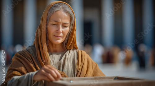 The Widow’s Offering as a humble woman places two small coins into the temple treasury