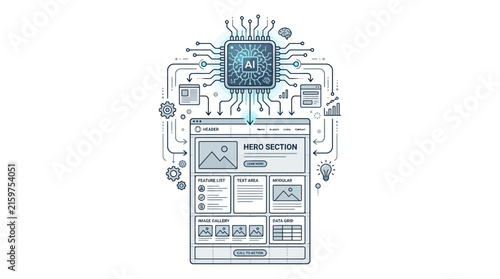 Foto Artificial Intelligence chip integrated with website layout design concept