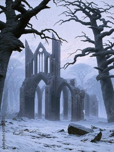 Romanticism oil painting of a ruined Gothic abbey in a misty winter landscape