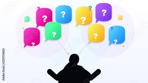 Silhouette person contemplates colorful question mark speech bubbles in this dynamic digital motion graphic animation clip