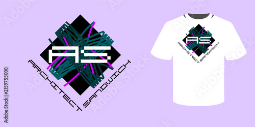 Abstract geometric typography t-shirt design featuring bold white lettering, black geometric shapes, teal brush lines and vibrant magenta accents in a modern streetwear style.