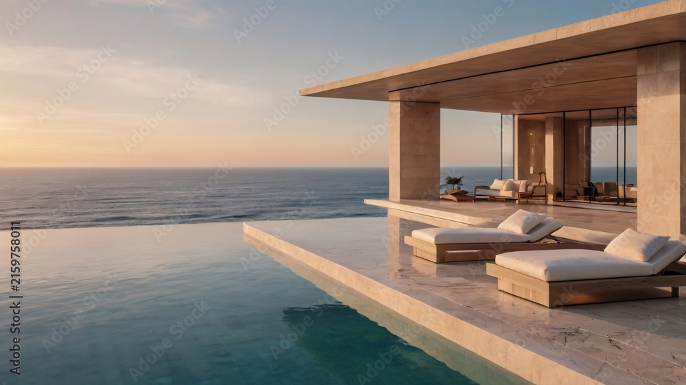 Fototapeta premium Luxury modern villa with infinity pool overlooking ocean at sunset