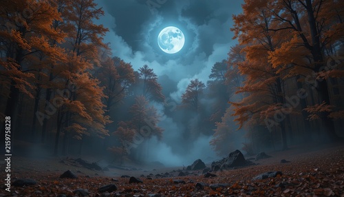Full moon over a misty autumn forest. Glowing lunar light in a dark foggy woodland scene.