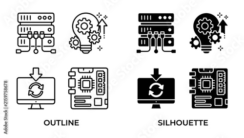 Technology Icons Set: A collection of minimalist line art and silhouette icons representing various technology concepts, including servers, computer motherboards, and software updates.