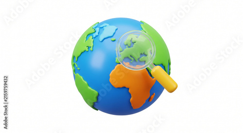 3D globe with magnifying glass, colorful planet earth map icon, global search and discovery concept on white background