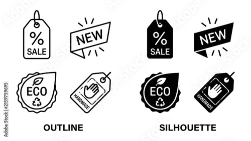 Tag Collection: A versatile set of graphic icons representing sales, new arrivals, and eco-friendly products, presented in both outline and silhouette styles for diverse design applications.