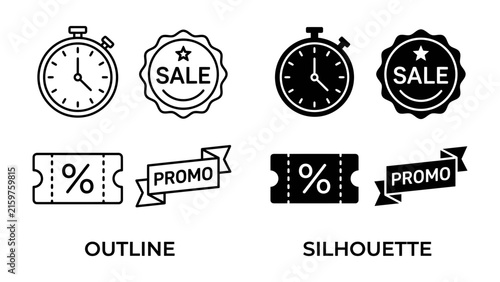 Sale and Promo Icons: A set of graphic elements featuring stopwatch, sale badge, coupon with percentage sign, and promo ribbon, presented in both outline and silhouette styles.