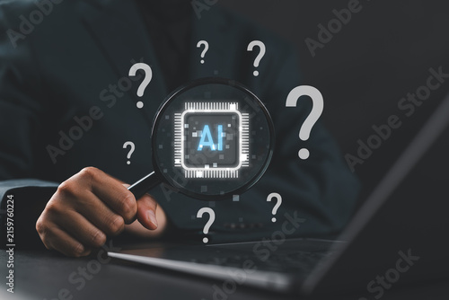 AI question analysis and artificial intelligence research concept. Woman using laptop with magnifying glass, AI chip and question marks showing data discovery, problem solving, smart decision support.