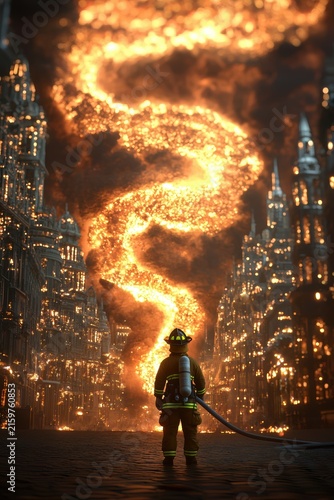 Professional firefighter battling surreal flames in urban environment the working atmosphere