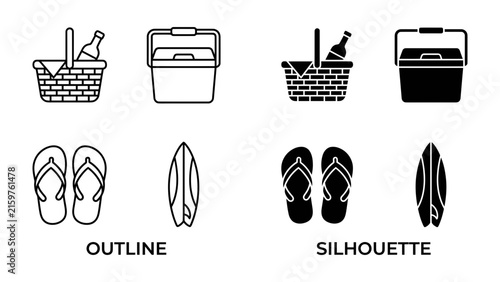 Picnic and Beach Gear Icons: A set of four graphic icons showcasing essential items for a day of leisure, including a picnic basket with a bottle, a cooler, flip-flops, and a surfboard.