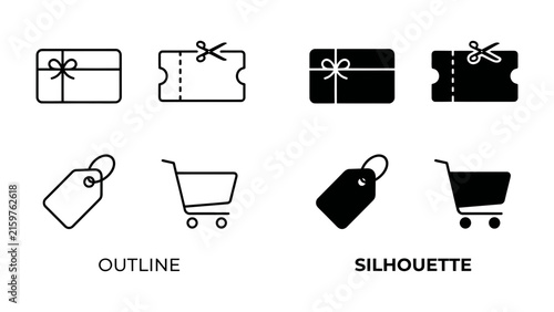 Shopping Icons: A collection of clean, modern icons representing shopping essentials like gift cards, coupons, price tags, and shopping carts, presented in both outline and silhouette styles.