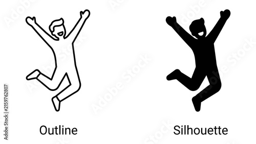 фотографія Joyful Outline and Silhouette: A depiction of joyful human figures, one as a thin outline and the other as a solid silhouette, both in mid-leap, arms raised in exuberance and celebration