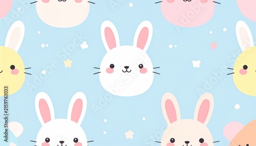 Adorable bunny faces seamless pattern on blue starry background.