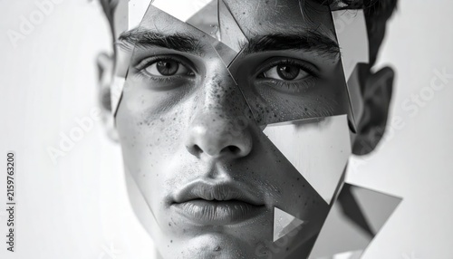 Artistic black and white portrait with geometric shards.