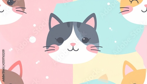 Collection of cute cat faces on colorful pastel background.