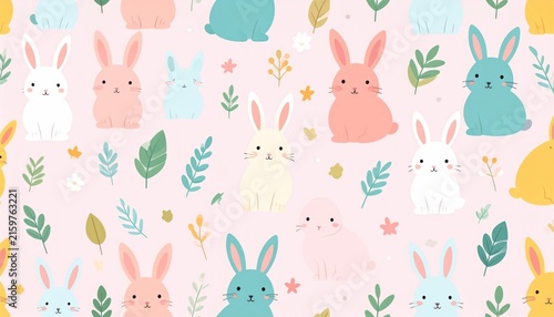 Colorful rabbits and leaves pattern on light background.