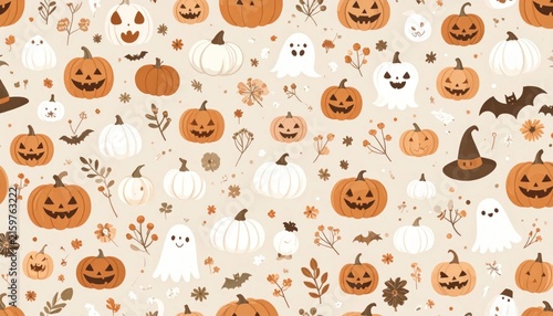 Cute Halloween seamless pattern with ghosts and white pumpkins.