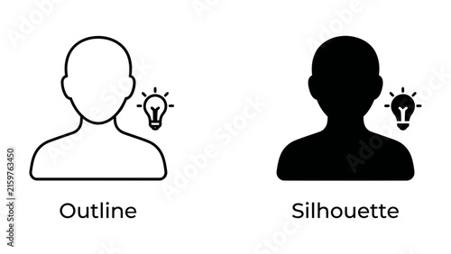 Bild auf Leinwand Person with Idea Icon: Two representations of a person, an outline and a silhouette, are depicted next to a glowing light bulb icon symbolizing innovation and a bright idea