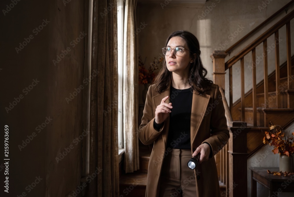 Obraz premium Woman holding a flashlight, cautiously exploring a dark, abandoned house interior