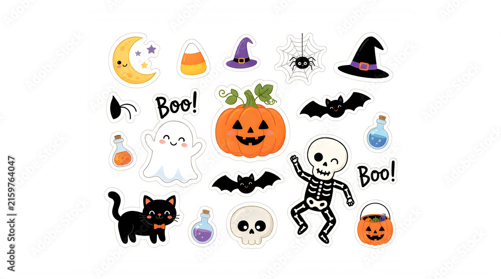 Fototapeta premium Colorful halloween stickers collection featuring ghosts pumpkins bats and other motifs isolated on transparent background