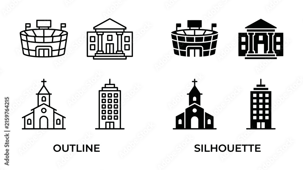 Fototapeta premium Architectural Icons Set: A collection of building outlines and silhouettes, featuring a stadium, courthouse, church, and skyscraper, representing different structures in graphic design.