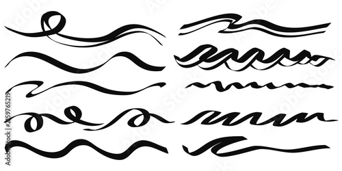 Hand drawn set of underline, curly swishes, swashes, swoops, swirl. Highlight text elements. vector illustration