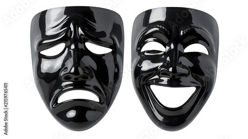 Two black theater masks representing comedy and tragedy performing arts symbols isolated on transparent background