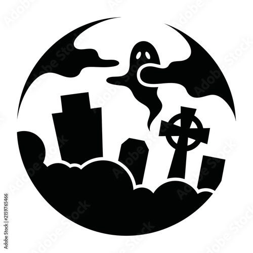Gothic Graveyard Phantom and Celtic Cross Vector Circle Emblem in Black and White