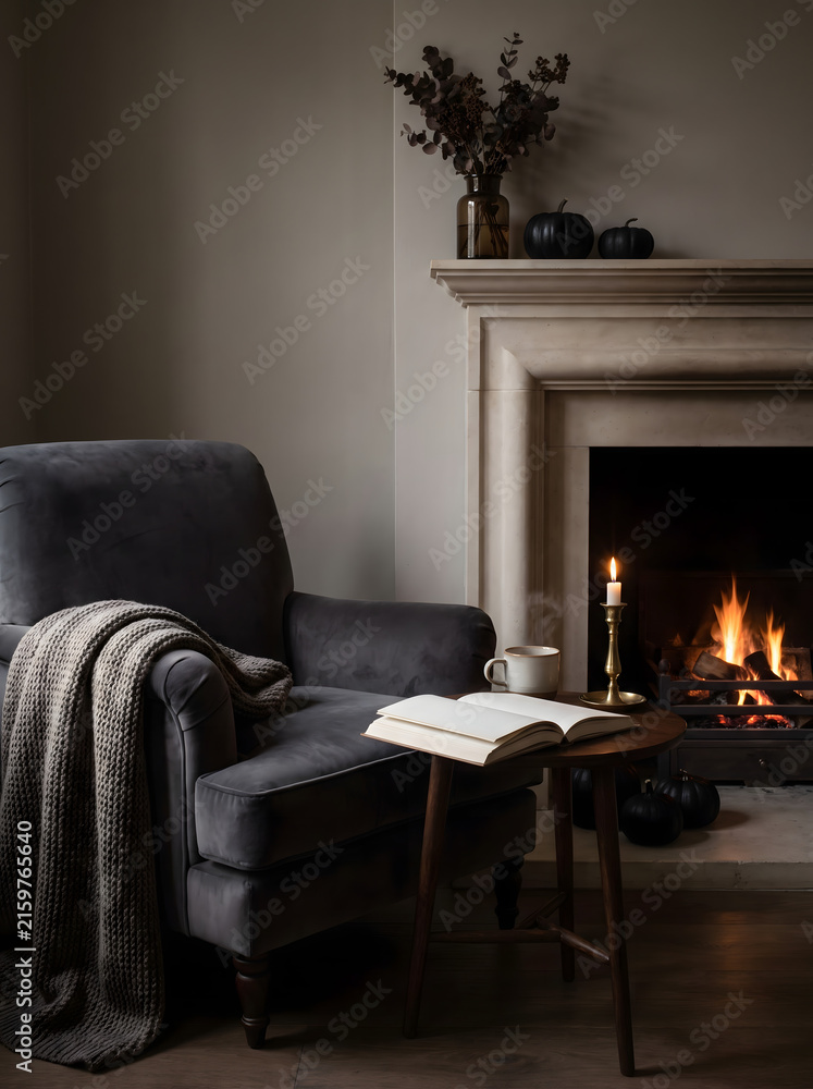 Naklejka premium Cozy autumn reading nook with grey velvet armchair, warm blanket, open book, hot drink, candle, and burning fireplace decorated with black pumpkins and dry flora in modern living room