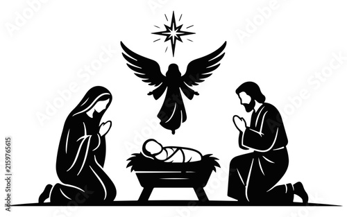 A black and white artistic illustration of the holy nativity scene featuring baby jesus in a manger with mary and joseph kneeling in prayerful adoration