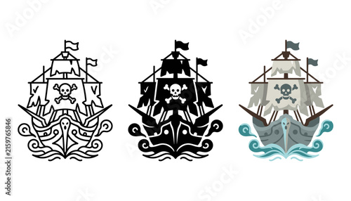 Photography Set of pirate ship icons with skull and crossbones on sails