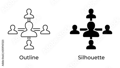 Принти на полотні Team Hierarchy Icons: A visual representation of team hierarchy and structure, showcasing both an outline and silhouette version of a central figure connected to subordinate figures
