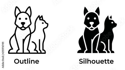 Foto Dog and Cat Icons: A comparison of outline and silhouette icons, showcasing a dog and a cat sitting side-by-side, representing domestic pets and companionship
