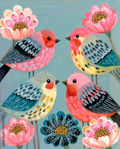 Folk Art Painting of Colorful Pink Birds and Flowers