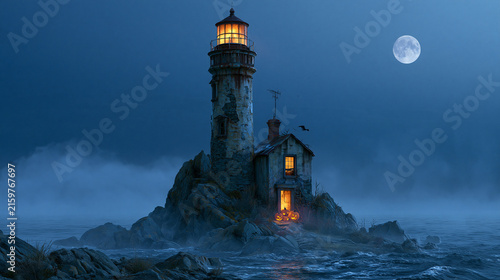 Haunted vintage lighthouse glowing on rocky island under bright full moon during spooky autumn halloween night