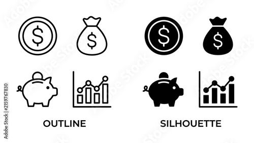 Financial Icons Set: A collection of outline and silhouette icons representing financial concepts like coins, money bags, piggy banks, and growth charts, symbolizing saving, investment.