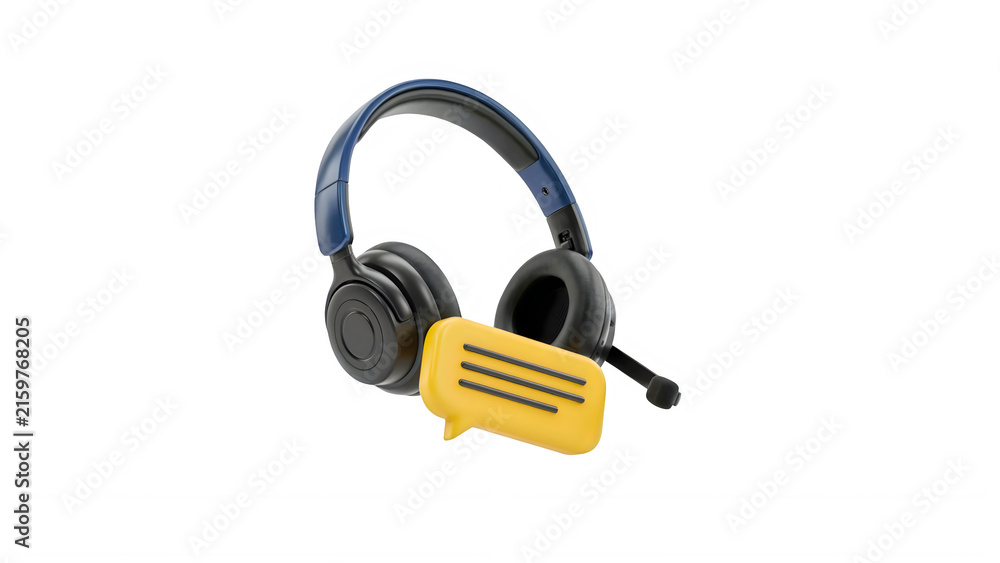 Fototapeta premium Modern blue gaming headset with a yellow speech bubble icon for customer support and communication isolated on transparent background