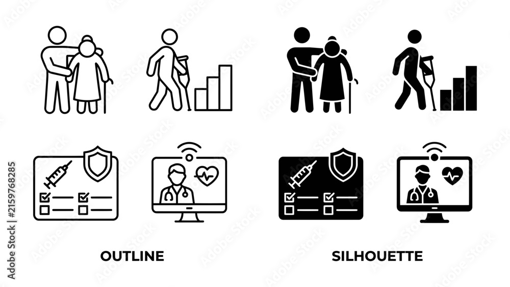 Fototapeta premium Healthcare Icons: A set of outline and silhouette icons representing elder care, medical treatment progress, health insurance, and telehealth consultations, illustrating modern healthcare services.