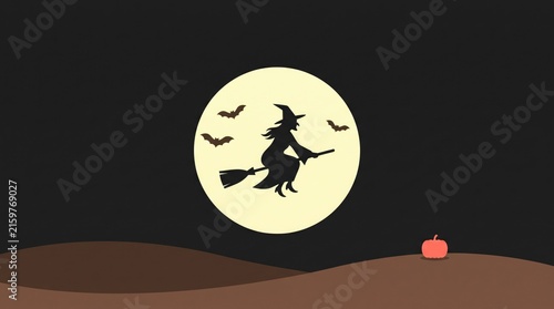 A spooky halloween illustration featuring a silhouette of a witch flying on a broomstick against a full moon