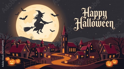 A spooky halloween night scene with a witch flying before a full moon and a haunted town